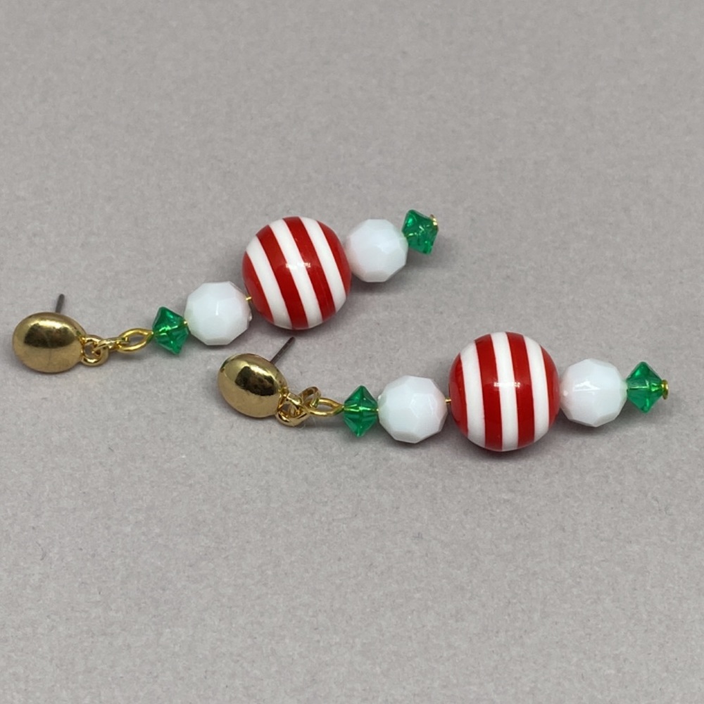 Handmade Red Stripe Candy Gold Tone Earrings NEW